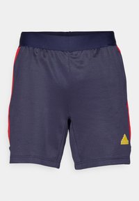 Námořnické sportovní šortky s hladkým povrchem, s červenými bočními akcenty a zlatým logem Adidas. Elastický pas pro pohodlí.