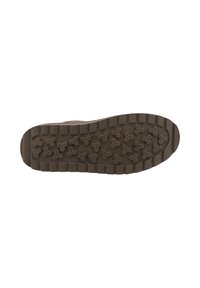 Semelle en caoutchouc avec un motif de grip texturé et des motifs de semelle distincts, de couleur marron foncé. Liseré épais sur les bords.
