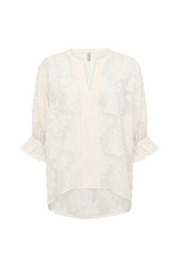 Krämfärgad blus med 3/4-puffärmar, V-ringning, blommigt texturerat tyg och något längre bakre fåll.