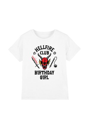 White cotton t-shirt featuring a graphic print of a red demon face with horns, text "HELLFIRE CLUB BIRTHDAY GIRL," and various accessories.