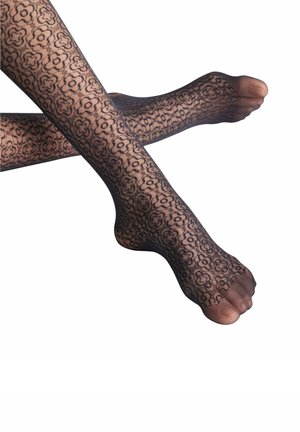 Schwarze gemusterte Strumpfhosen mit floralem Spitzendesign, featuring ein blickdogen Fußbereich und transparente Textur im gesamten Bereich.