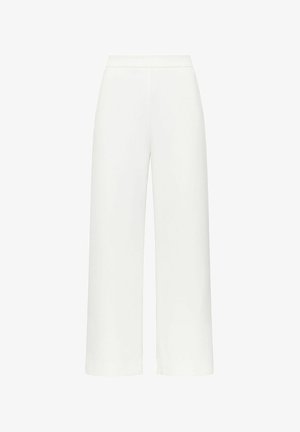 Hochtaillierte, weit geschnittene weiße Hose mit glatter Vorderseite ohne sichtbare Taschen oder Verzierungen.