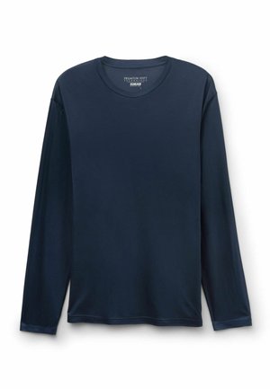 Tmavě modré tričko s dlouhými rukávy a kulatým výstřihem, vyrobené z měkké látky, rozložené na plocho s viditelným šitím u límce a hladkou texturou.