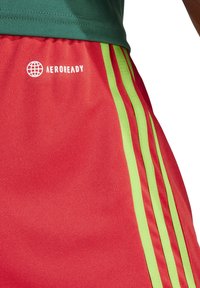 Rote Sportshorts mit grünen Seitenstreifen, mit dem "AEROREADY"-Branding in Weiß. Hergestellt aus glattem, flexiblem Stoff mit einer taillierten Passform.