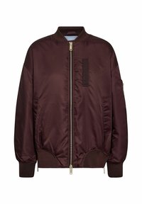Burgundi värvi bomber-jakk siledast nailonist, ribidega mansettidega, esiküljel tõmblukk, küljetaskud ja vertikaalne tõmbluku tasku varrukal.
