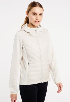Lightweight, quilted off-white jacket with a hood, featuring ribbed sleeves and zippered pockets, designed for comfort and warmth.
