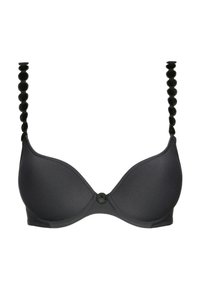 Czarny wyściełany biustonosz z fiszbinami i dekoracyjnymi okrągłymi detalami na ramiączkach i z przodu na środku.