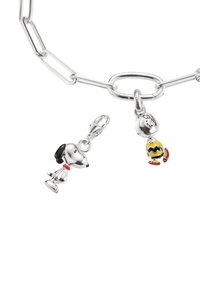 Eine Silberkette mit zwei Anhängern: ein polierter Snoopy mit rotem Halsband und ein bunter Charlie Brown in einem gelben Zickzack-Hemd.
