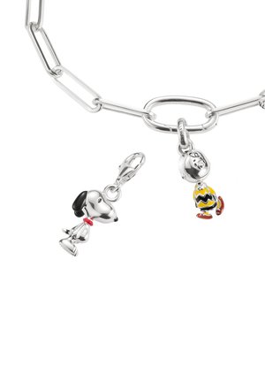 Eine Silberkette mit zwei Anhängern: ein polierter Snoopy mit rotem Halsband und ein bunter Charlie Brown in einem gelben Zickzack-Hemd.