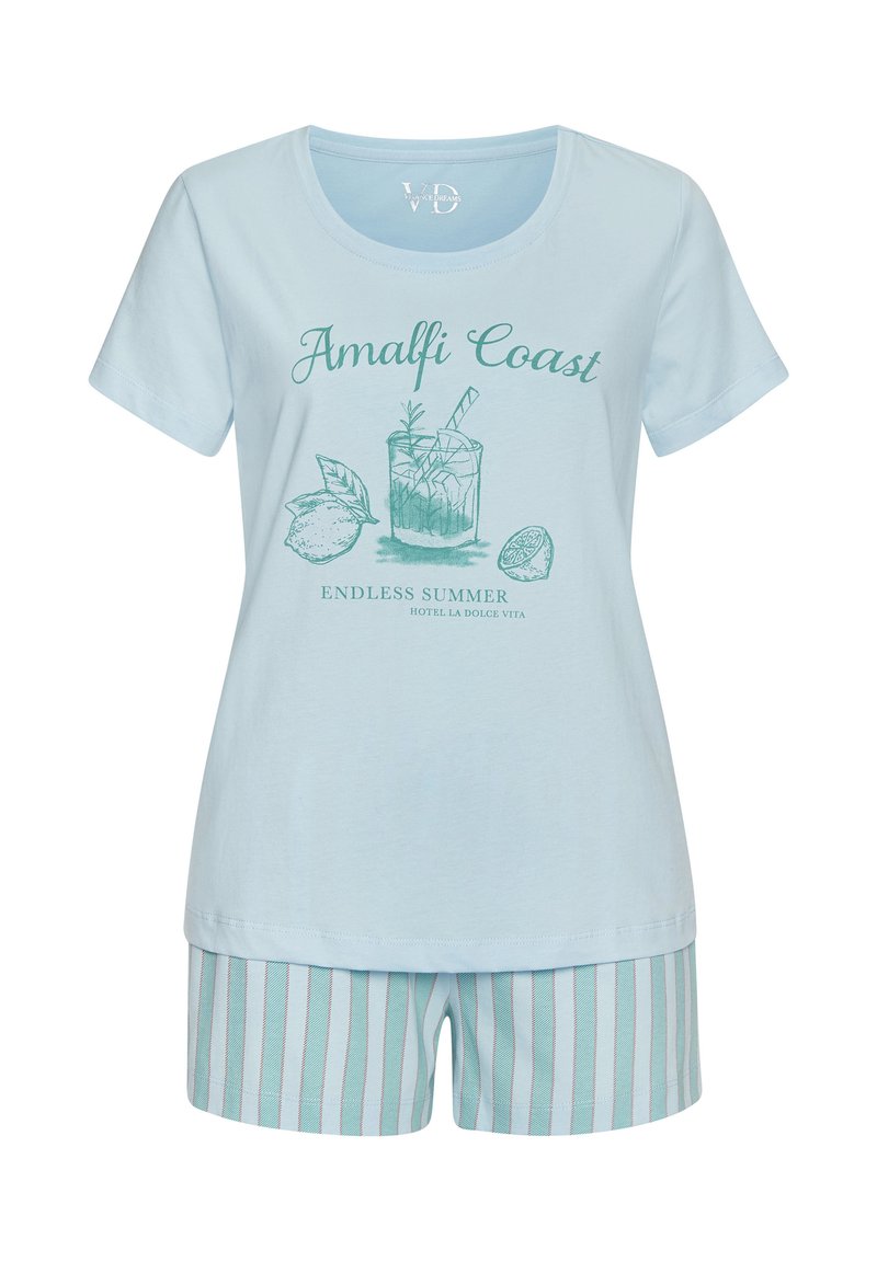 Light blue cotton pajama set featuring a short-sleeve top with "Amalfi Coast" graphic and striped shorts in matching colors.