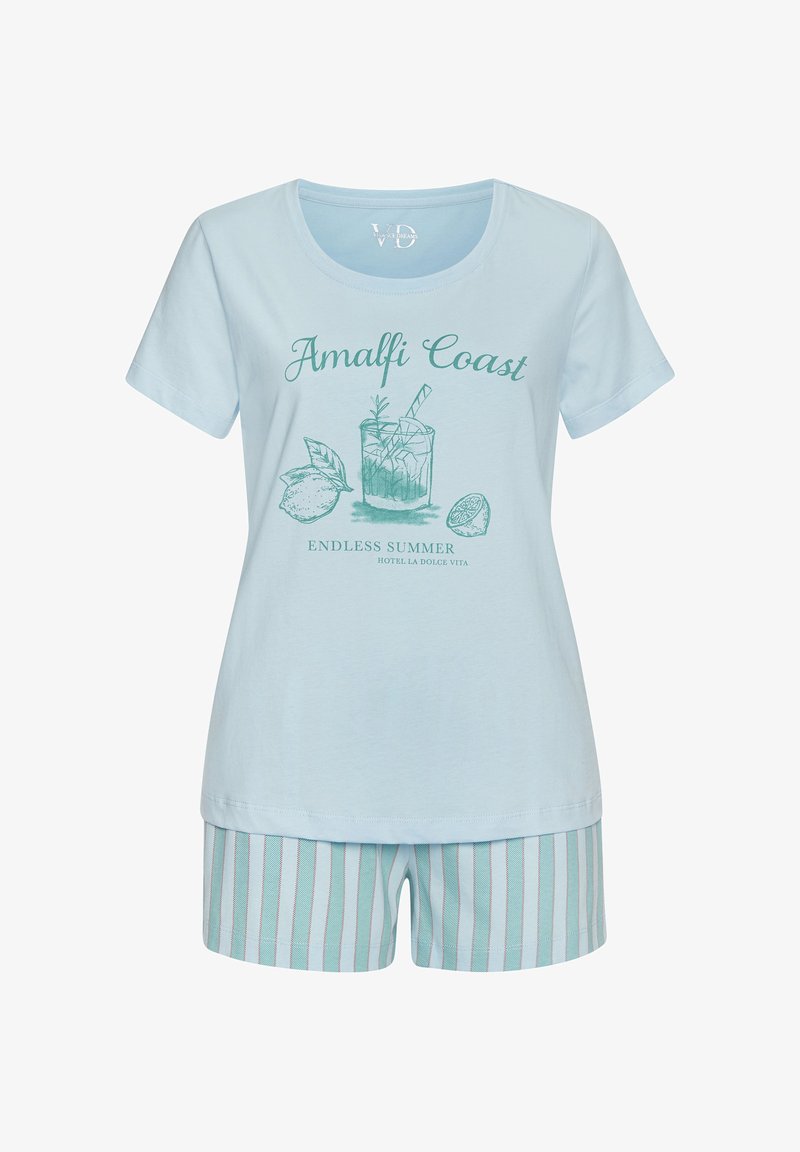 Light blue cotton pajama set featuring a short-sleeve top with "Amalfi Coast" graphic and striped shorts in matching colors.