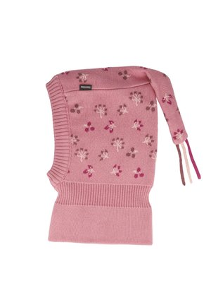 Pink knitted children's balaclava with floral pattern, ribbed edges, a long tail with tassels, and a small Maximo brand label.