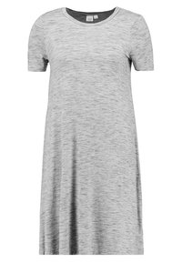 Robe t-shirt grise avec des manches courtes, un col rond et une coupe décontractée. Le tissu présente une texture chinée subtile et un design léger.