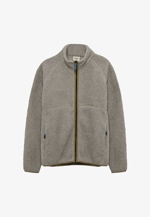 Szara bluza polarowa na zamek błyskawiczny z kołnierzem stojącym, dwie boczne kieszenie na zamek z niebieskimi tasiemkami do ściągania oraz subtelny napis marki na lewej piersi.