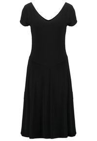 Robe noire à manches courtes avec un décolleté en V, forme évasée, longueur genoux et tissu doux et lisse. Présente un design simple sans motifs.
