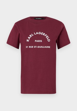 T-shirt bordeaux à manches courtes avec le texte blanc "KARL LAGERFELD PARIS 21 RUE ST-GUILLAUME" imprimé au centre avant.