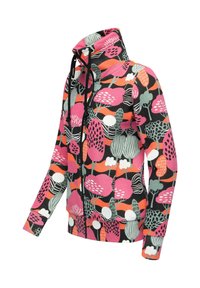 Giacca in pile con zip e motivo floreale, caratterizzata da uno sfondo nero con disegni rosa, arancioni, bianchi e verdi; colletto alto e cordoncino regolabile.