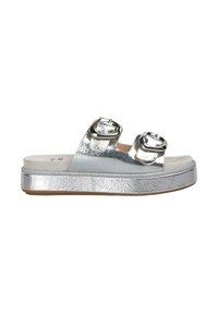 Zilveren metallic slidesandalen met twee verstelbare gespen, een dikke platformzool en een gestructureerd oppervlak. Zachte, platte voetbed voor comfort.