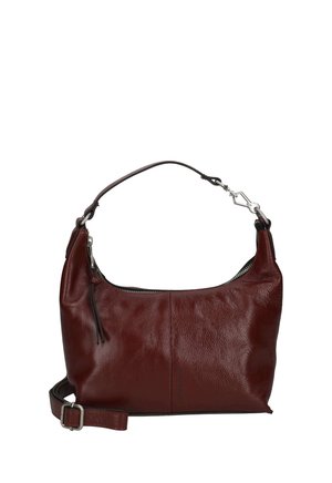 Borsa a mano in pelle rosso scuro con cerniera superiore, manico corto fisso e tracolla regolabile e removibile su sfondo bianco.