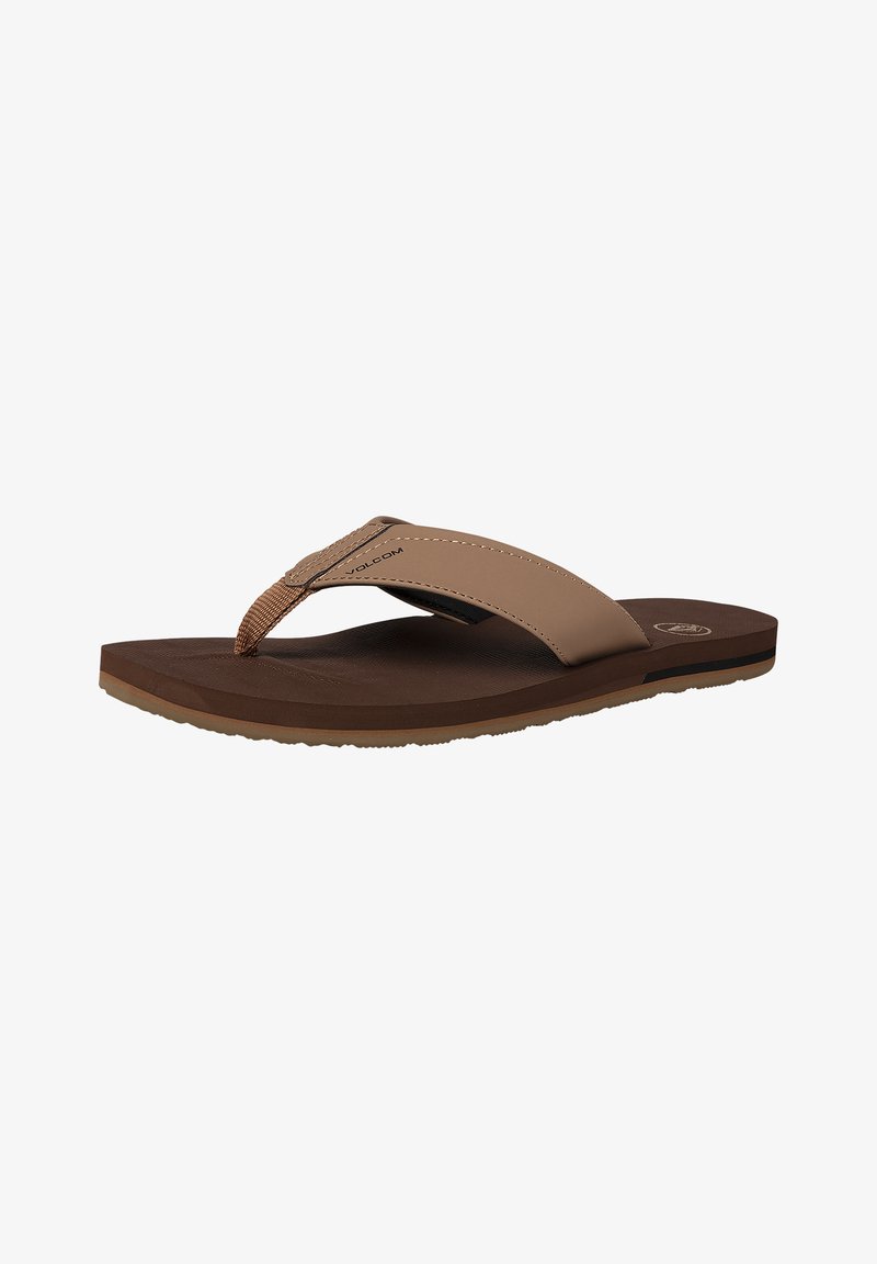 Brown flip-flop sandal with a textured footbed, synthetic upper featuring a woven strap, and a sturdy rubber sole.