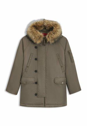 Olivgrüne gepolsterte Parkajacke mit abnehmbarem Kunstfellkapuze, Frontreißverschluss, Knopfverschluss und mehreren Fronttaschen.