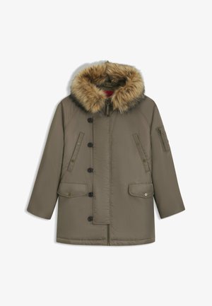 Olivgrüne gepolsterte Parkajacke mit abnehmbarem Kunstfellkapuze, Frontreißverschluss, Knopfverschluss und mehreren Fronttaschen.