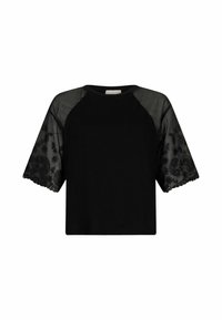 Haut noir à manches courtes avec manches en dentelle transparente ornées de broderies florales et cachemire, et un col rond.