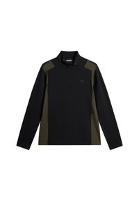 Långärmad svart och olivgrön tröja med kort dragkedja framtill och liten logotyp på bröstet.