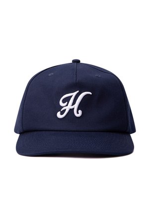 Gorra de béisbol azul marino con visera curva y letra "H" blanca bordada en el panel central delantero.