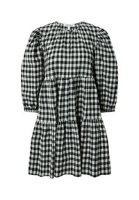 Musta-valkoinen ruudullinen mekko, jossa on pitkät puffihihat, pyöreä kaula-aukko ja kerroksellinen helma. Valmistettu kevyestä kankaasta.