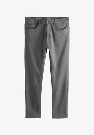 Sivé nohavice z bavlneného zmesi so štíhlym strihom, so prednými vreckami, gombíkovým zapínaním a plochými švami pre hladký vzhľad.