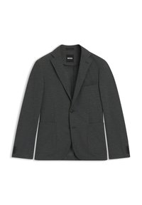 Dark gray blazer made of textured fabric. Features a single button front, two large front pockets, and a small chest pocket.