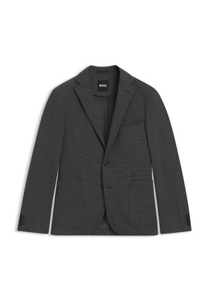 Mørkegrå blazer laget av teksturert stoff. Har en enkelt knapp foran, to store lommer foran og en liten brystlomme.