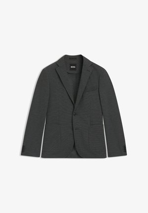 Dark gray blazer made of textured fabric. Features a single button front, two large front pockets, and a small chest pocket.