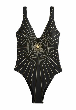 Schwarzer Einteiler-Badeanzug mit einem goldenen Sternburst-Design, das von einem zentralen Stern auf der Vorderseite ausgeht.
