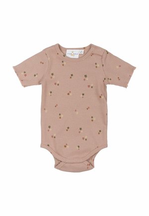 Kurze Ärmel, geripptes Baby-Bodysuit in zartem Pink mit verstreuten Blumenmustern in Grün und Gelb. Mit Druckknöpfen an der Schulter und am Boden.