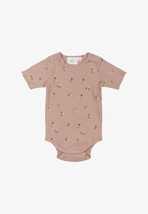 Bodysuit za bebe s kratkim rukavima od rebrastog materijala u nježnoj ružičastoj boji s raspršenim cvjetnim uzorcima u zelenoj i žutoj boji. Ima kopče na ramenu i dnu.