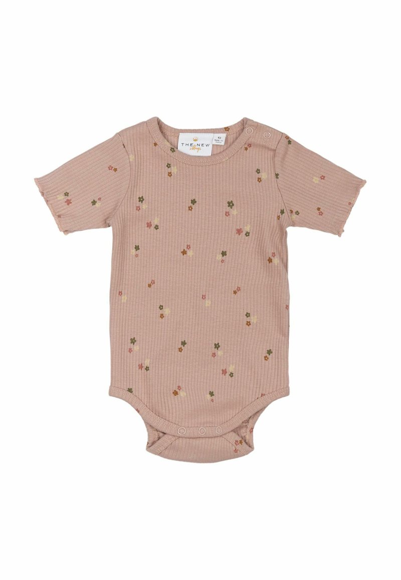 Īsām piedurknēm ribota bērnu džemperis maigi rozā krāsā ar izkaisītām ziedu rakstiem zaļā un dzeltenā krāsā. Ar spailēm pie pleca un apakšā.