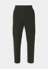 Dark green, slim-fit trousers made from cotton, featuring a button closure, belt loops, and side pockets. Smooth texture, no patterns.