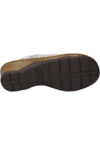 Brown rubber sole with a textured pattern, featuring a smooth light gray and white upper, and a curved edge design at the heel.