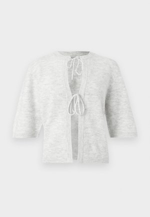 Light gray knit cardigan with a textured finish, short sleeves, and a front tie closure. Open design with ribbed edges.