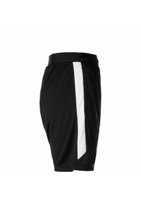Shorts de sport noirs avec un panneau latéral blanc, une taille élastique et un tissu léger et respirant. Présente une texture en maille sur le panneau.