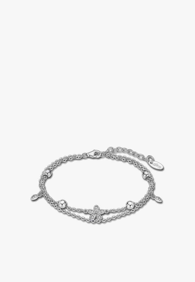 Silver bracelet featuring chain links, small round beads, and a flower design at the center. Includes a clasp and adjustable chain detail.