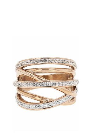Roségoldener Ring mit mehreren überlappenden Ringen, jeder mit einer Reihe kleiner klarer Kristalle für einen funkelnden Effekt verziert.