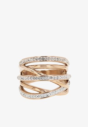 Roségoldener Ring mit mehreren überlappenden Ringen, jeder mit einer Reihe kleiner klarer Kristalle für einen funkelnden Effekt verziert.