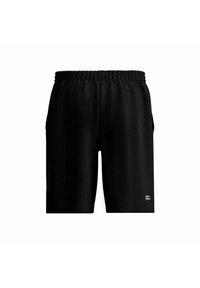 Schwarze Sportshorts mit einem elastischen Bund, seitlichen Taschen und einem kleinen weißen Logo auf der unteren rechten Seite. Glatte Stoffoberfläche.