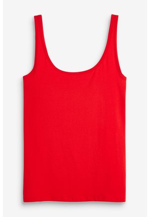 Débardeur rouge en tissu lisse, avec de larges bretelles et un col arrondi, doté d'une finition droite en bas.