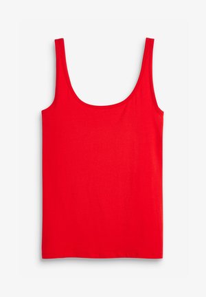 Canottiera rossa realizzata in tessuto liscio, con spalline larghe e scollatura tonda, dotata di un orlo dritto sul fondo.