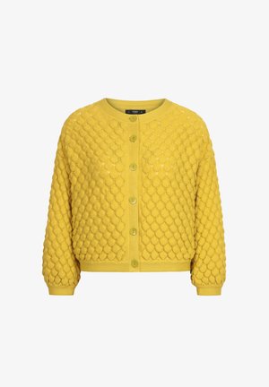 Teksturirana žuta kardigan jakna s okruglim izrezom, prednjim dugmadima i slobodnim krojem. Sadrži tkanu šaru te rebraste manžete i donji rub.