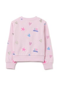 Sudadera rosa con corazones y estrellas bordados en varios colores. Presenta el texto "Terapia de Amor". Material suave con puños y dobladillo acanalados.